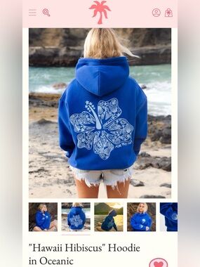 PINK PALM PUFF 🌴 🐚 🌺 Women's Royal Blue Palm & Shell Pullover Hoodie NWT